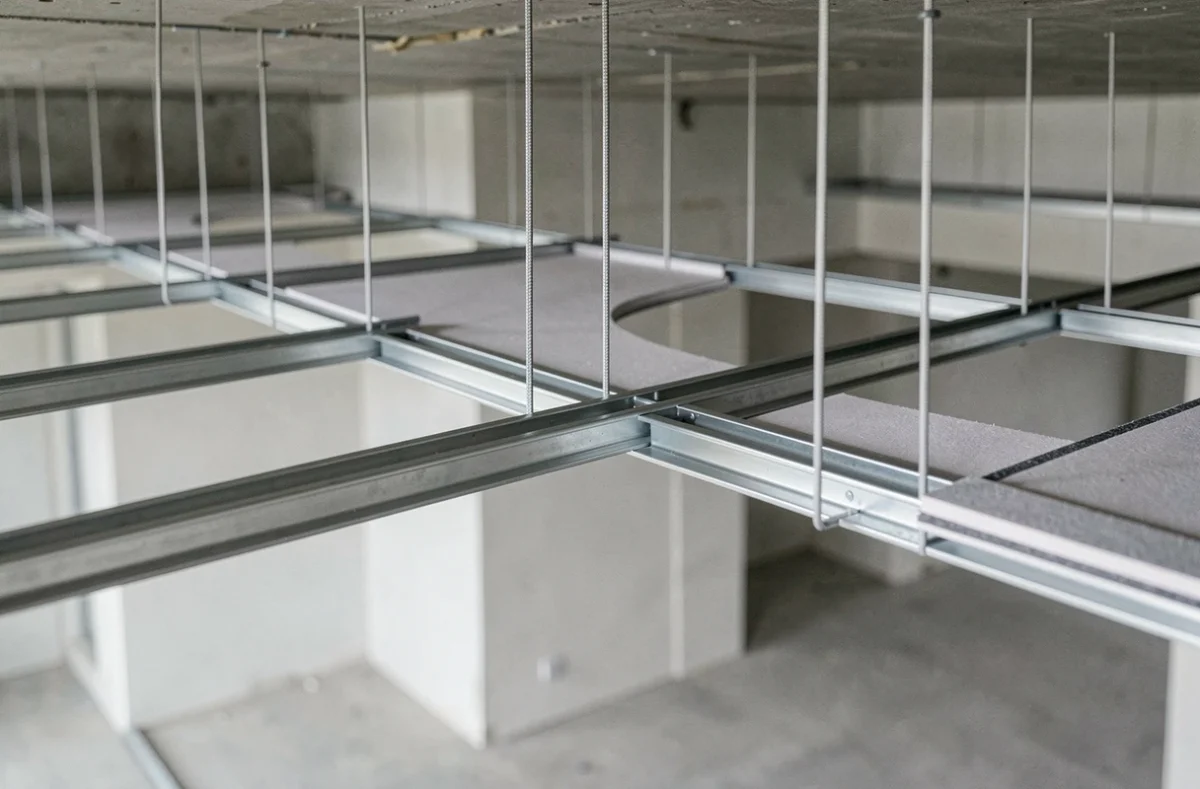 Détail de la structure métallique d'un faux plafond suspendu avec rails et suspentes en cours de montage