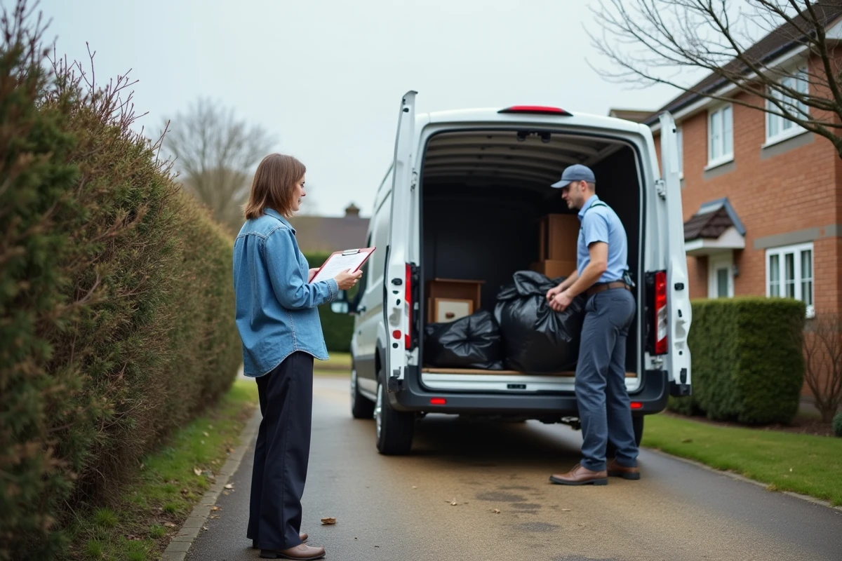Femme supervisant le chargement de meubles dans un utilitaire lors d'un débarras de garage à domicile