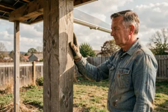 Artisan inspectant un support en bois pour panneau solaire dans un jardin rural, montrant les signes de vieillissement du bois