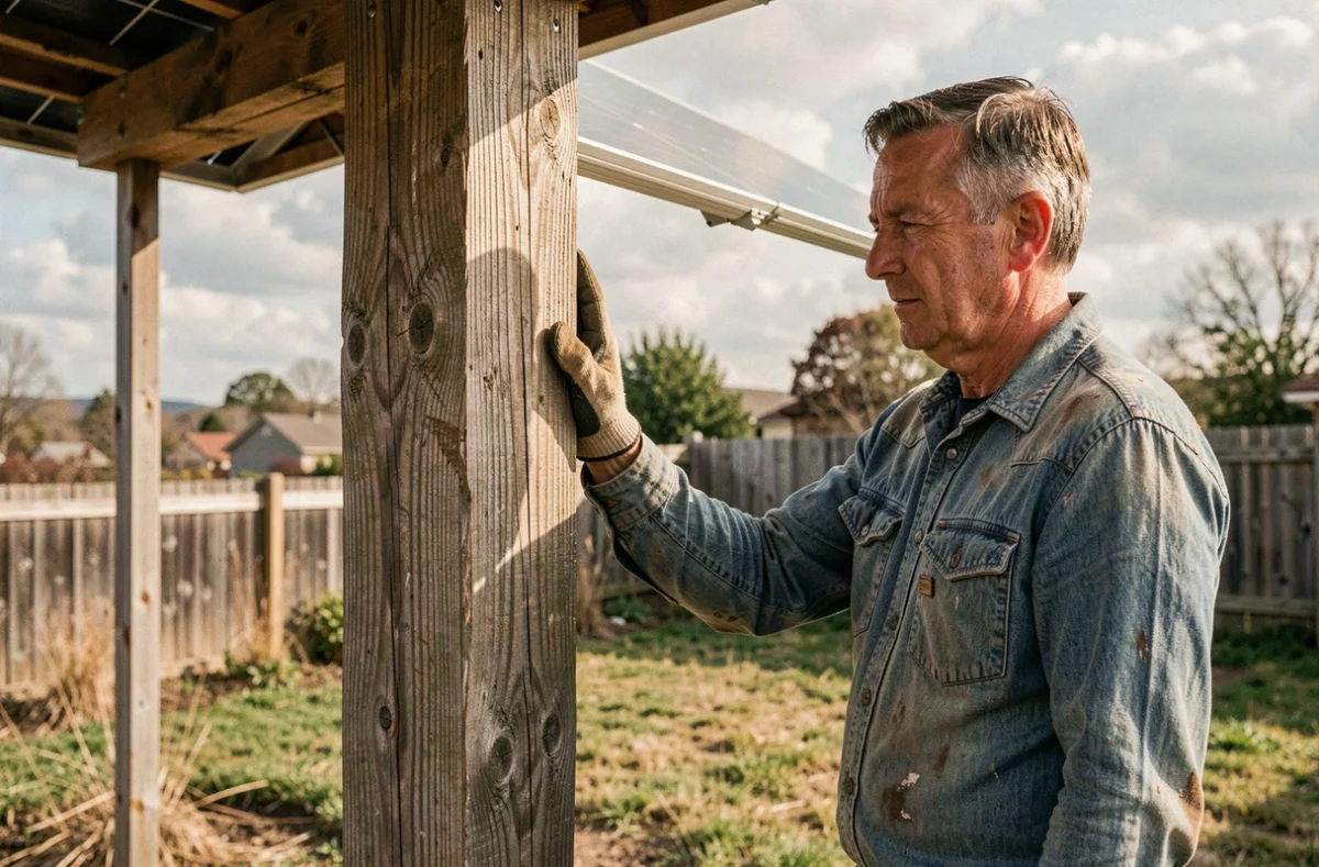 Artisan inspectant un support en bois pour panneau solaire dans un jardin rural, montrant les signes de vieillissement du bois