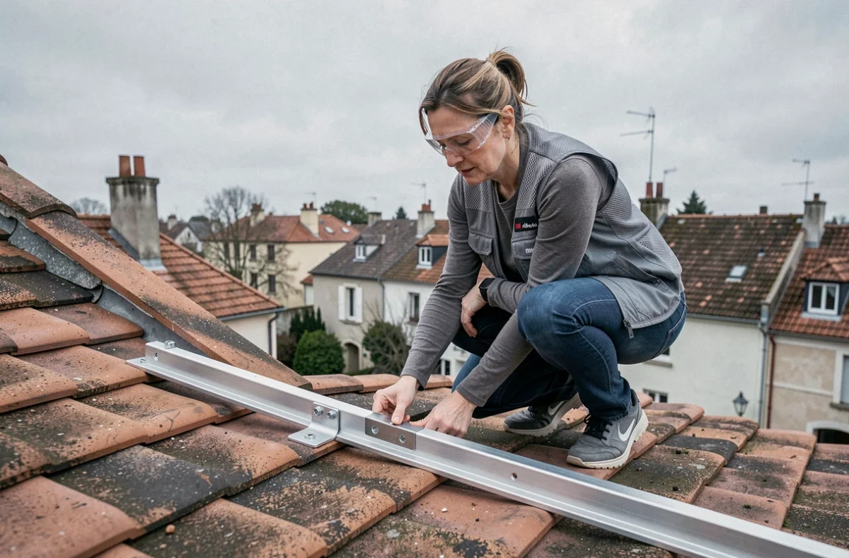 Femme inspectant un support de panneau solaire fait maison sur un toit de maison individuelle