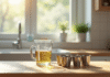 Table en bois avec verre mesureur de 100 cl en lumière naturelle