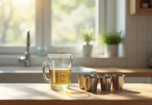 Table en bois avec verre mesureur de 100 cl en lumière naturelle