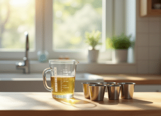 Conversion des mesures en cuisine : comment passer de 100 cl à des ml Table en bois avec verre mesureur de 100 cl en lumière naturelle