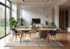 Table moderne dans un salon lumineux et spacieux