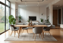 Table moderne dans un salon lumineux et spacieux