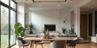 Table moderne dans un salon lumineux et spacieux