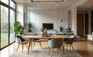 Conseils pour agencer la table à manger dans un salon : quel emplacement choisir ? Table moderne dans un salon lumineux et spacieux