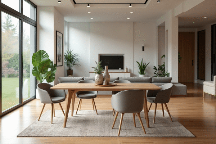 Table moderne dans un salon lumineux et spacieux