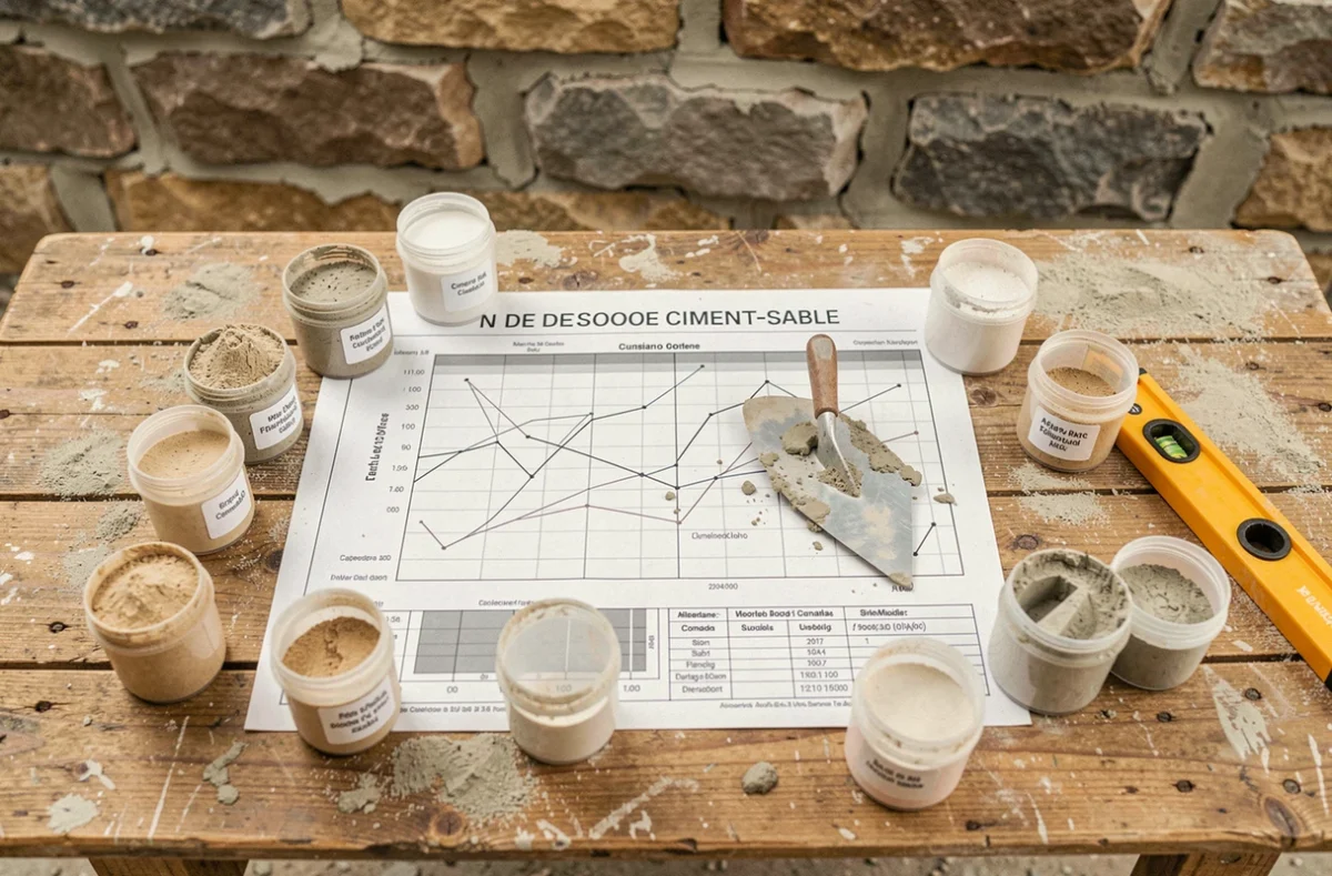 Tableau de dosage ciment sable posé sur une table de chantier avec outils de maçonnerie pour mur en pierre