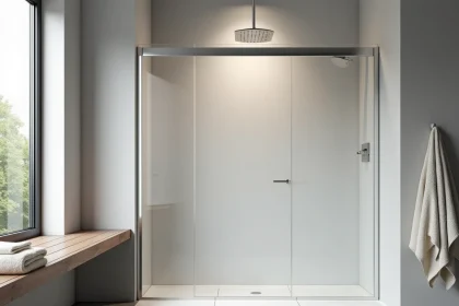 Douche à l'italienne standard de 90x90 cm avec carrelage blanc mat et paroi en verre dépoli dans une salle de bain moderne
