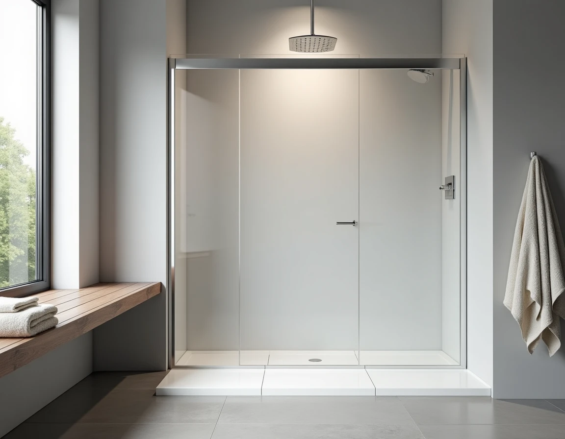 Douche à l'italienne standard de 90x90 cm avec carrelage blanc mat et paroi en verre dépoli dans une salle de bain moderne