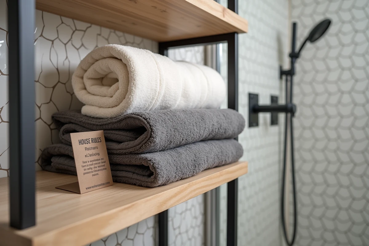 Tapis de bain antidérapants roulés rangés sur une étagère en bois dans une salle de bains Airbnb contemporaine
