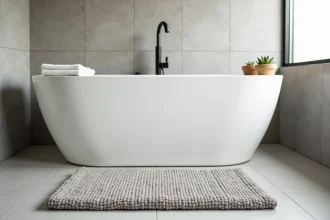 Tapis de bain antidérapant gris devant une baignoire dans une salle de bains Airbnb moderne et épurée