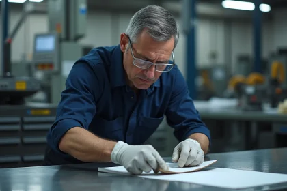 Technicien appliquant une bande de plastique sur un panneau métallique