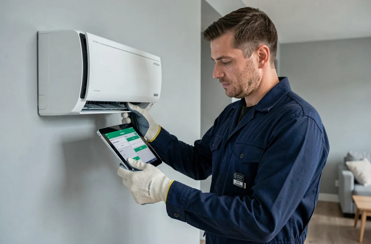 Technicien HVAC inspectant une unité intérieure de pompe à chaleur Hitachi dans un salon moderne