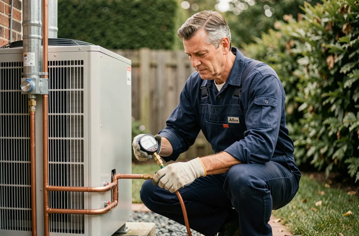 Technicien installant une pompe à chaleur air eau de 8 kW dans le jardin d'une maison individuelle