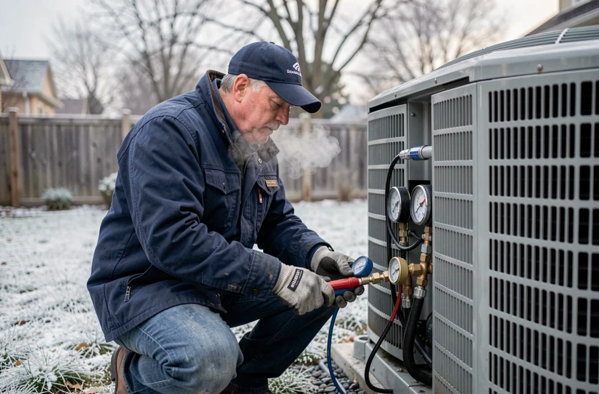 Technicien HVAC inspectant une pompe à chaleur par temps de grand froid