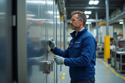Technicien homme inspectant une porte industrielle moderne