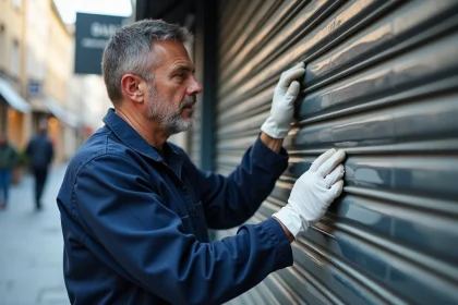 Technicien en overalls réparant un volet métallique en extérieur