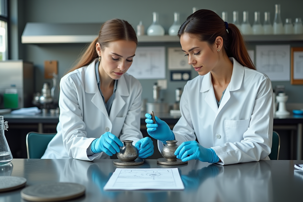 Techniciennes de laboratoire comparant des échantillons de métal