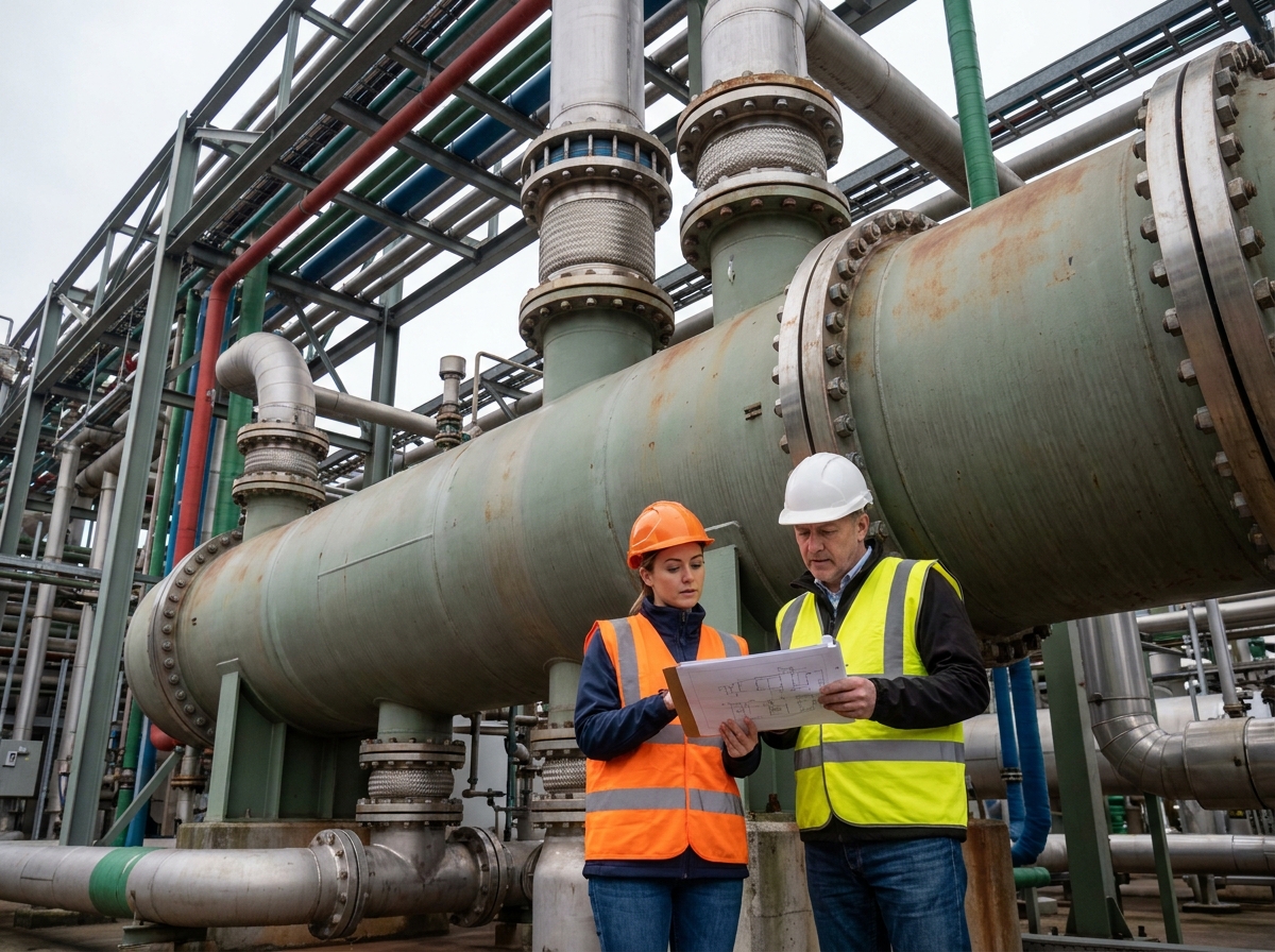 Techniciens industriels consultant des documents techniques devant un échangeur à faisceau tubulaire dans une usine pétrochimique