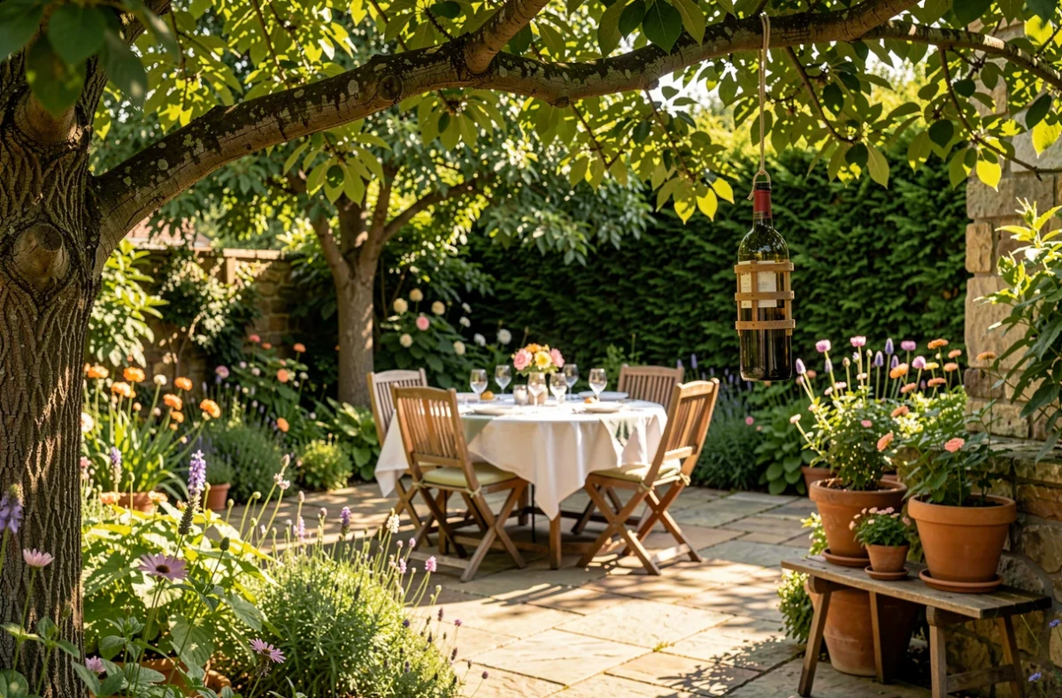 Terrasse avec table dressée et piège suspendu à un arbre à distance