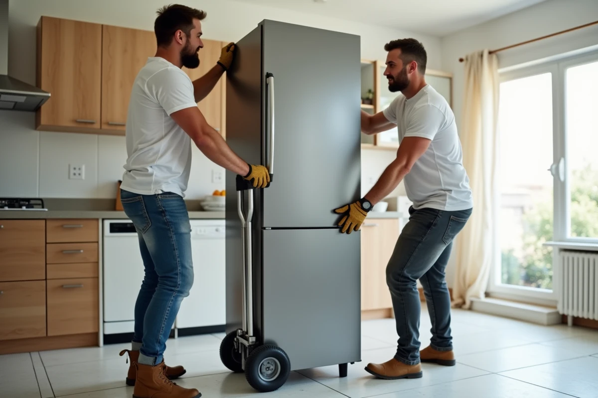 Deux déménageurs transportant un grand réfrigérateur en inox sur un diable dans une cuisine moderne