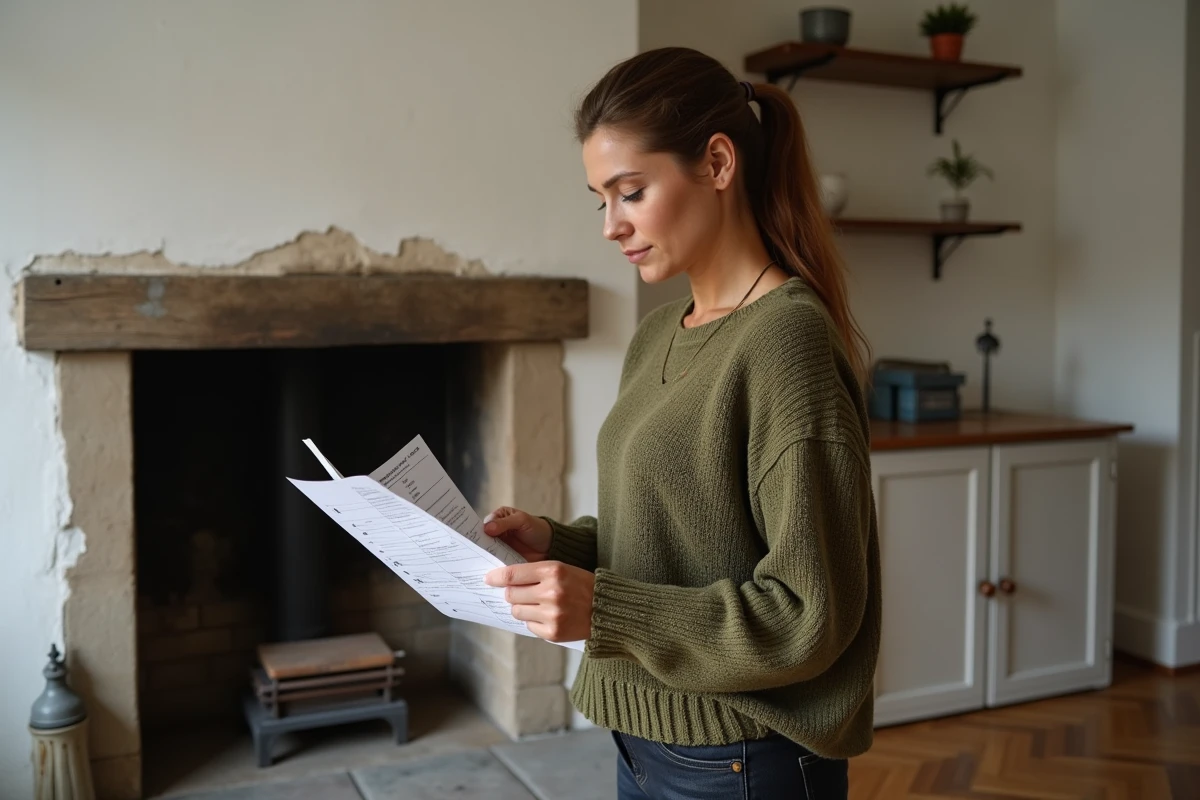 Femme vérifiant une liste de contrôle avant installation d'un insert à granulés dans une cheminée ancienne avec conduit visible