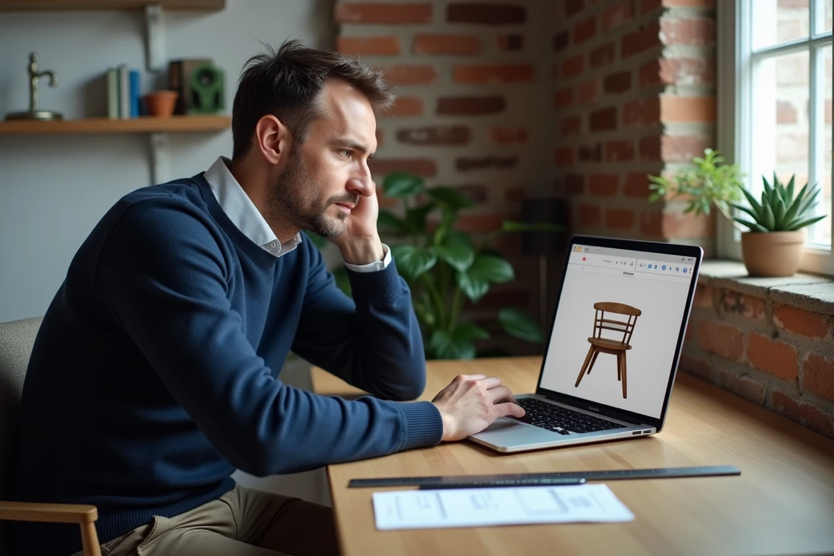 Homme consultant les dimensions standard d'une chaise sur un site de vente en ligne depuis son bureau à domicile