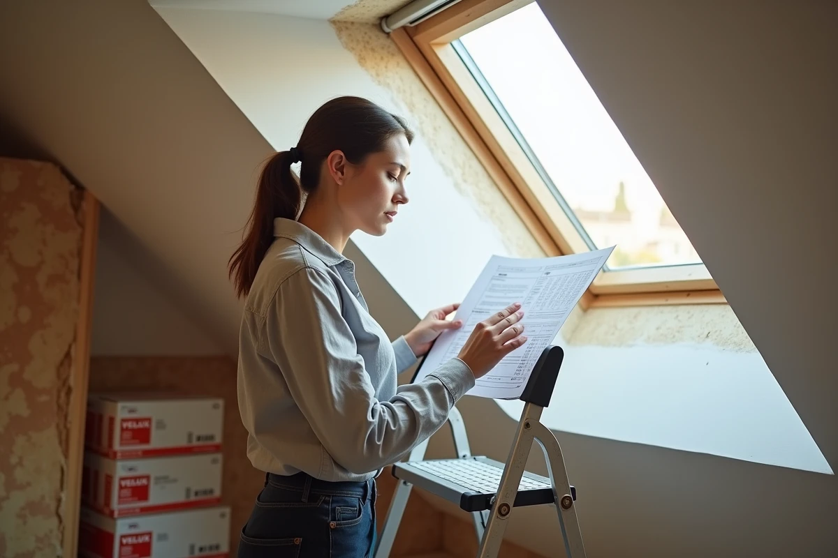 Femme comparant une fiche de dimensions VELUX avec le cadre de pose d'une fenêtre de toit installée en grenier