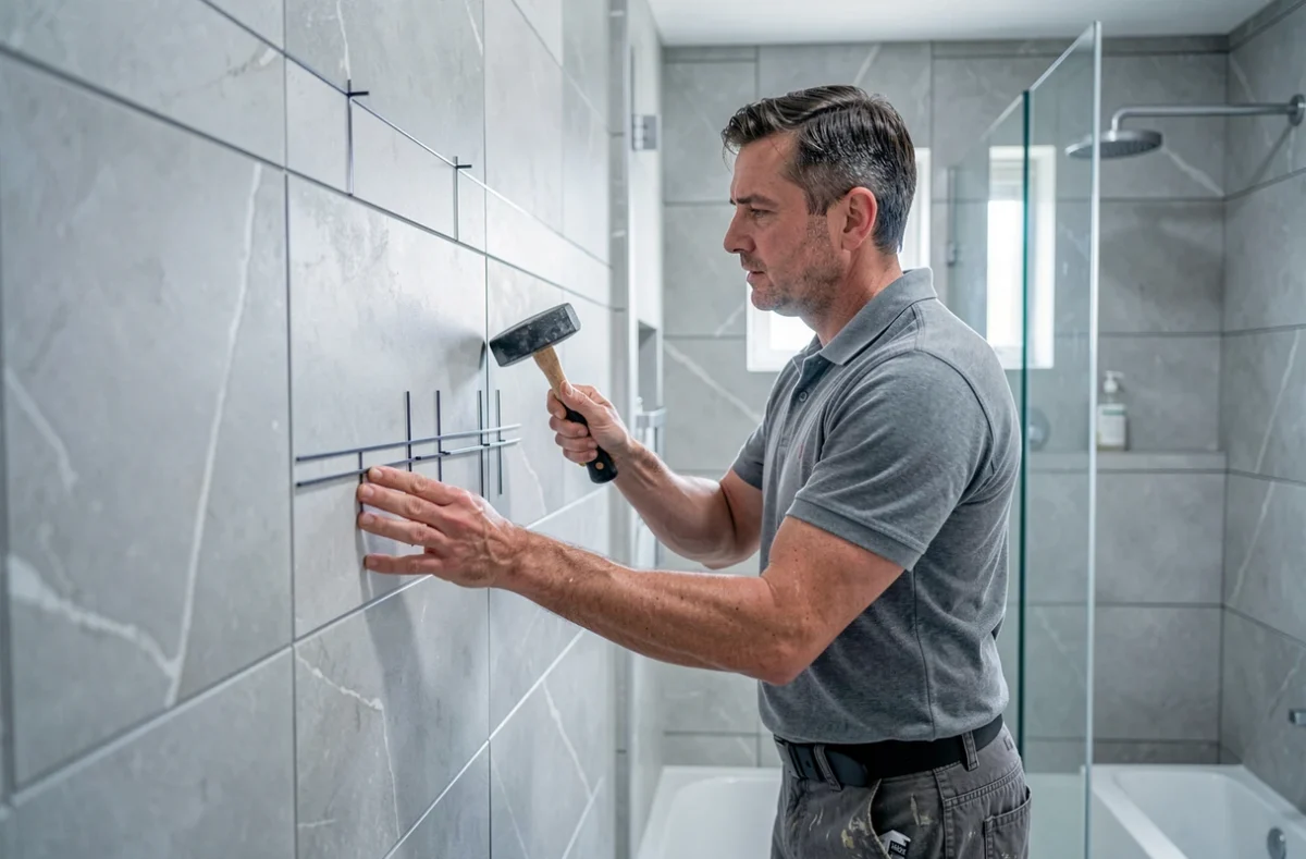 Installateur Vidaljb posant des carreaux grand format dans une salle de bain moderne avec douche à l'italienne