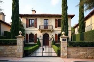 Villa méditerranéenne en pierre avec portail en fer forgé et allée de cyprès illustrant les critères juridiques et urbanistiques d'une villa