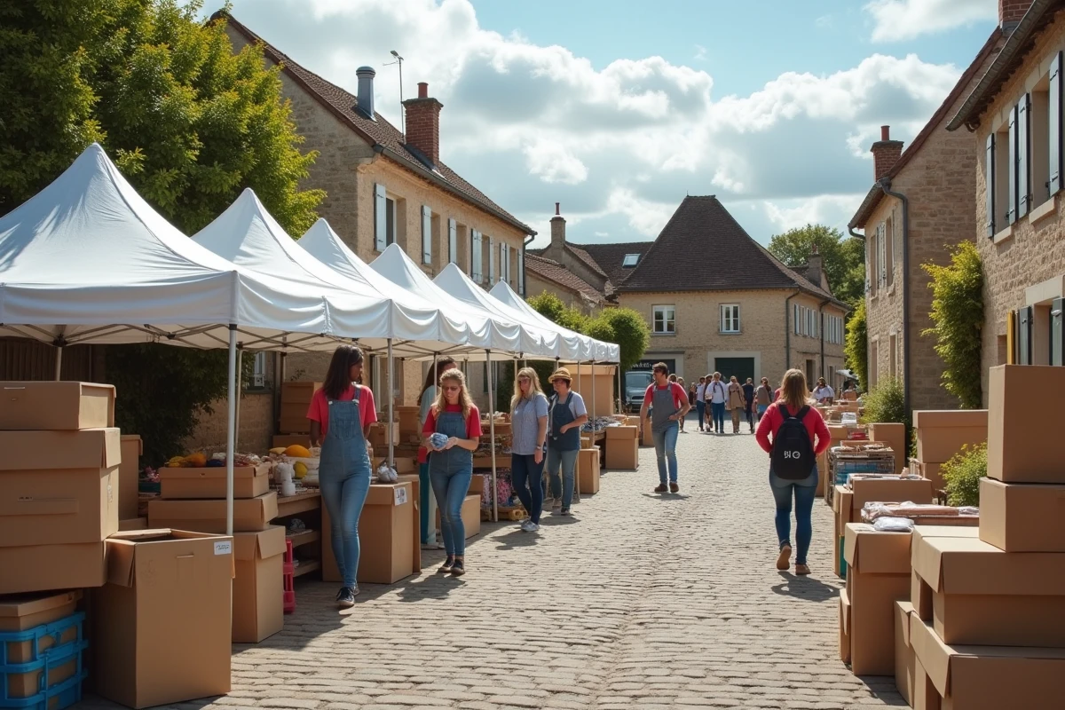 Volontaires installant des tentes et boîtes de dons dans le village