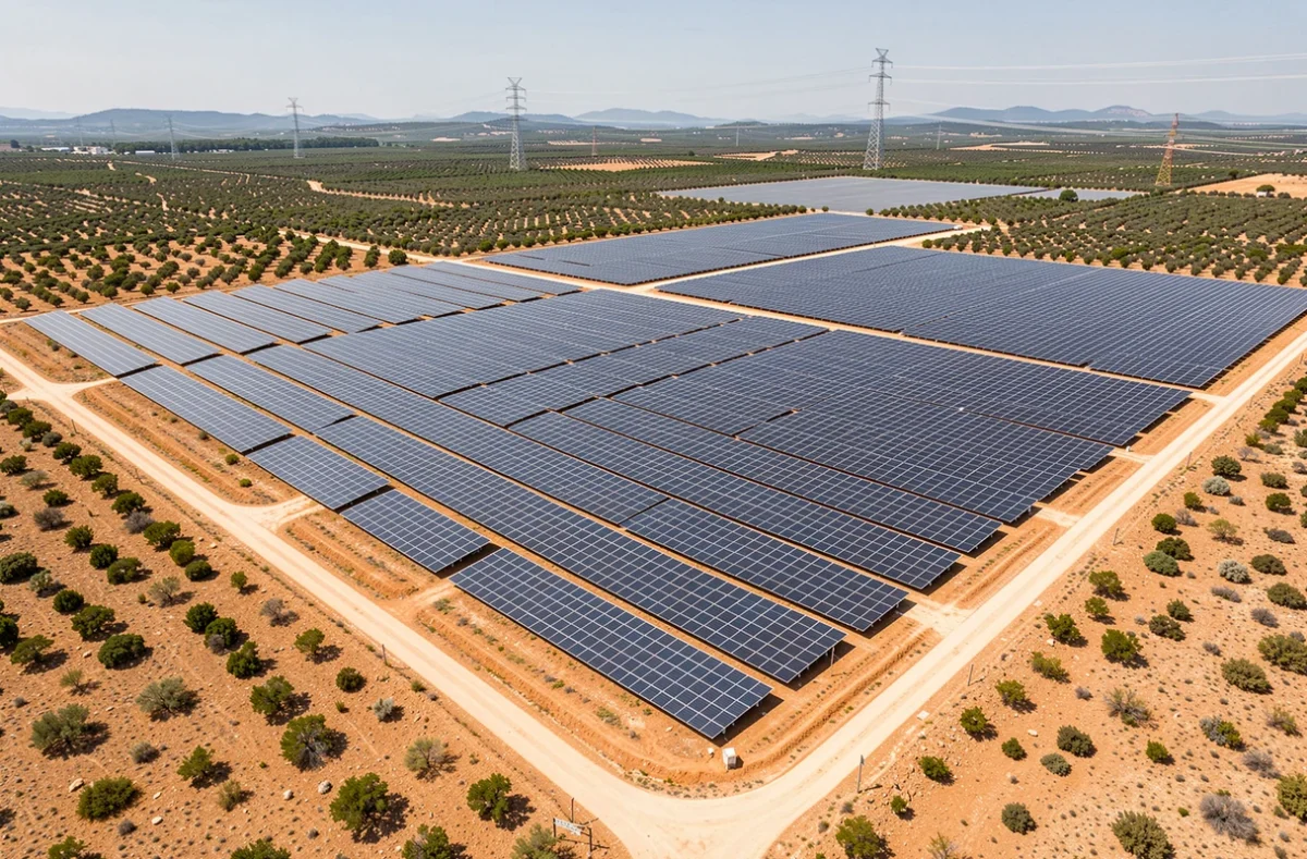 Vue aérienne d'une grande ferme solaire sur terrain loué dans le sud de la France avec rangées de panneaux photovoltaïques