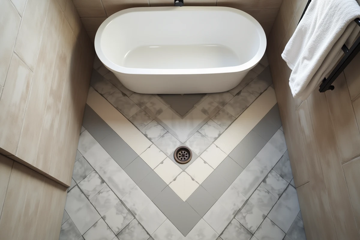 Vue en plongée d'un sol en chevron bicolore dans une petite salle de bains rénovée avec effet optique d'agrandissement